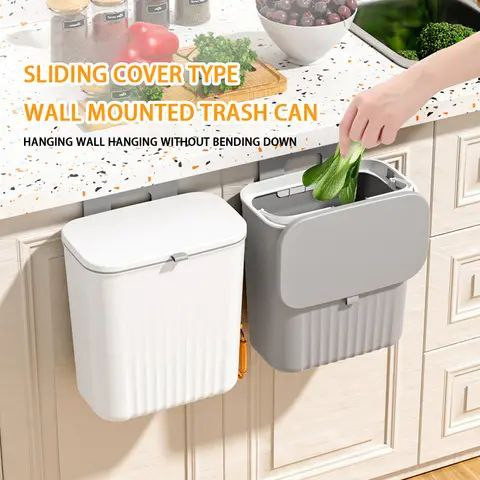 Sliding cover wall mounted trash bin