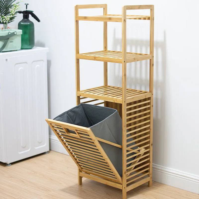 Bathroom storage shelve with laundry bag
