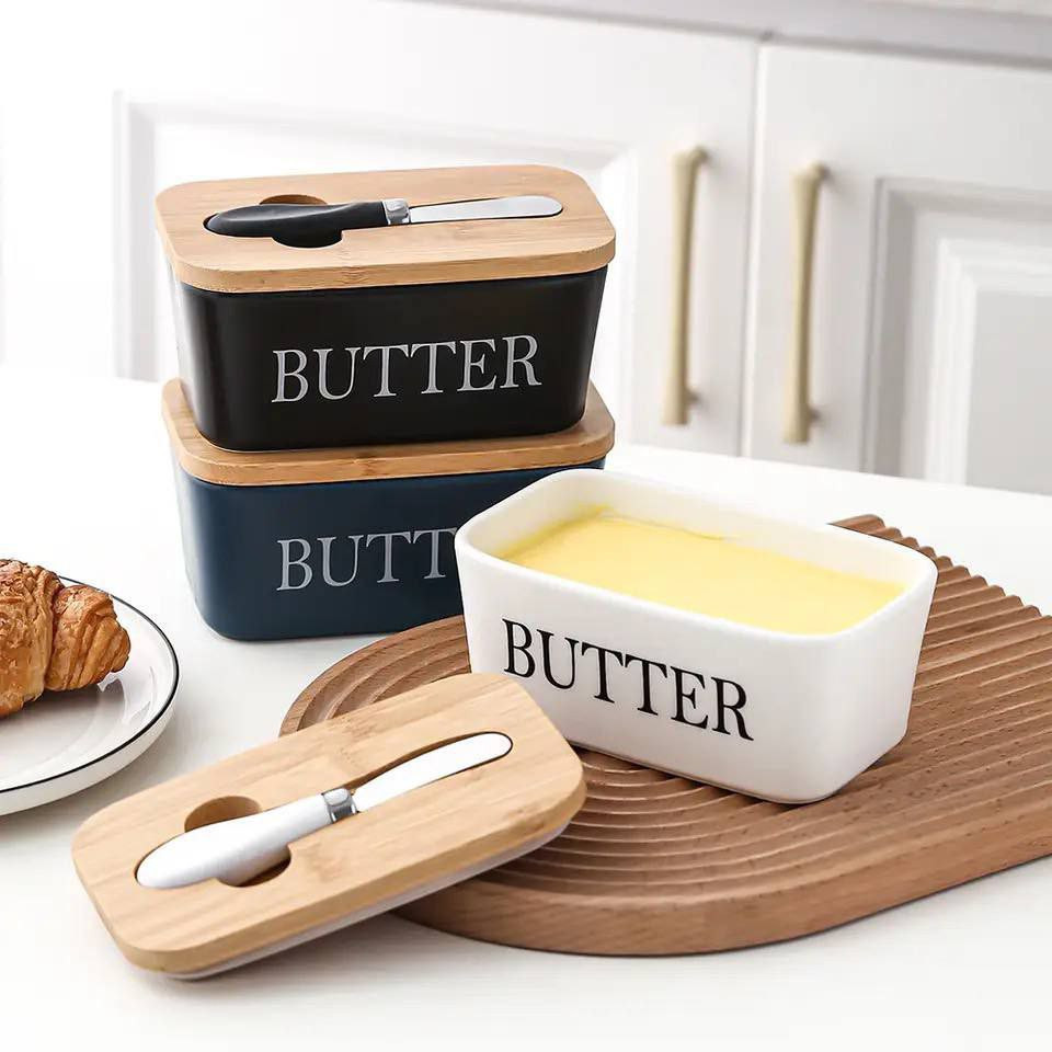 Butter dish with wooden lid